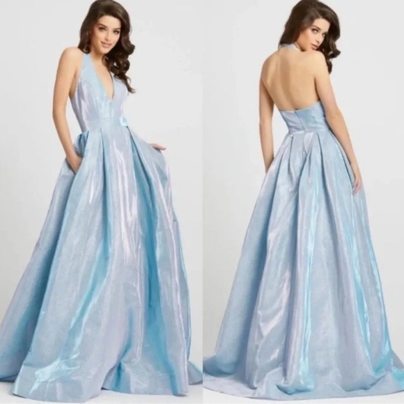 Mac Duggal 25939 Size 14 Metallic Blue Ice Plunge Front Halterneck Maxi Gown NWT
